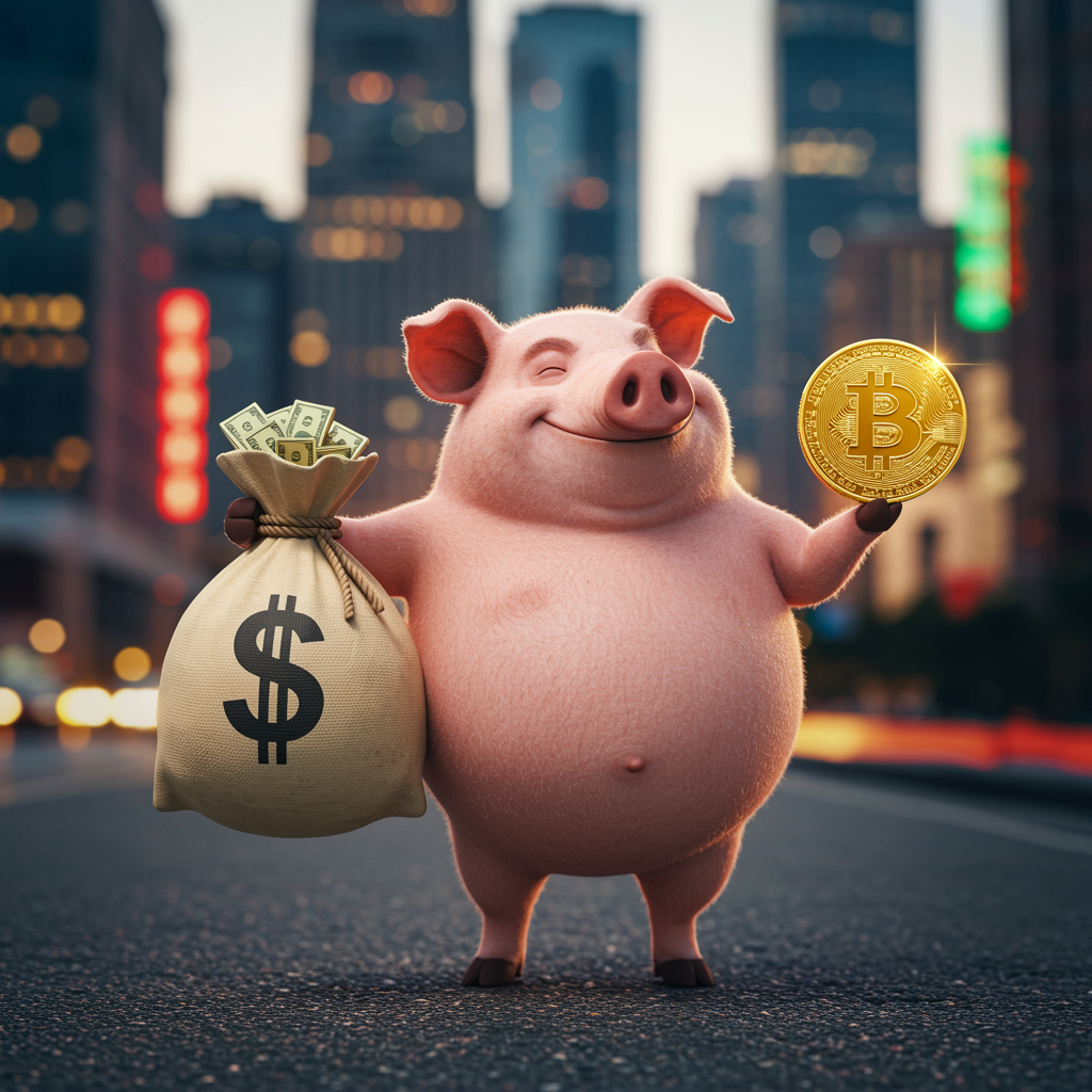 Pig Holding Money Bag and Crypto Coin | AI Art Generator | Easy-Peasy.AI