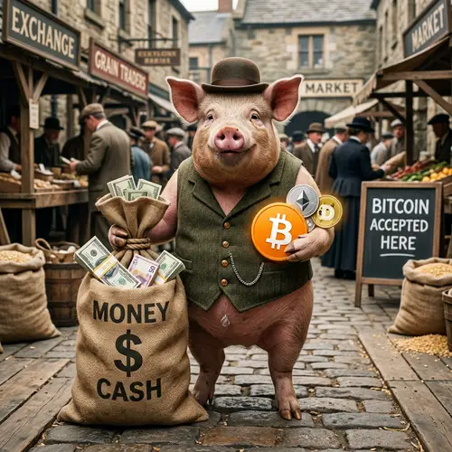 Pig Holding Money Bag and Crypto Coin