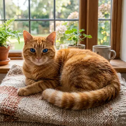 Orange Tomcat with Blue Eyes and Fluffy Tail | Serene Ambiance