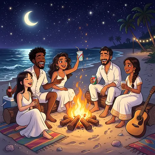 Whimsical Beach Party Artwork with Diverse Animated Characters
