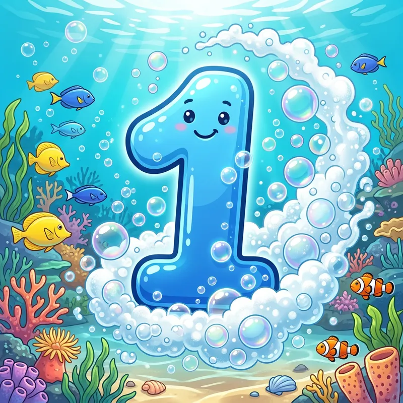Blue Cartoon Number One with Bubbles and Sea Foam Drawing