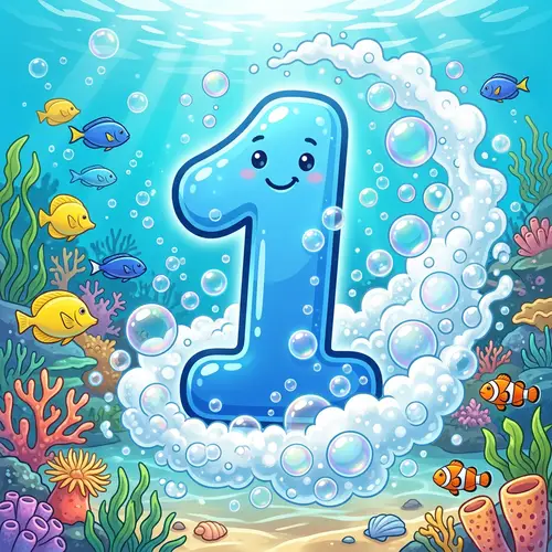 Blue Cartoon Number One with Bubbles and Sea Foam