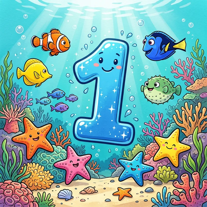 Blue Number One Cartoon with Sea Stars and Fish