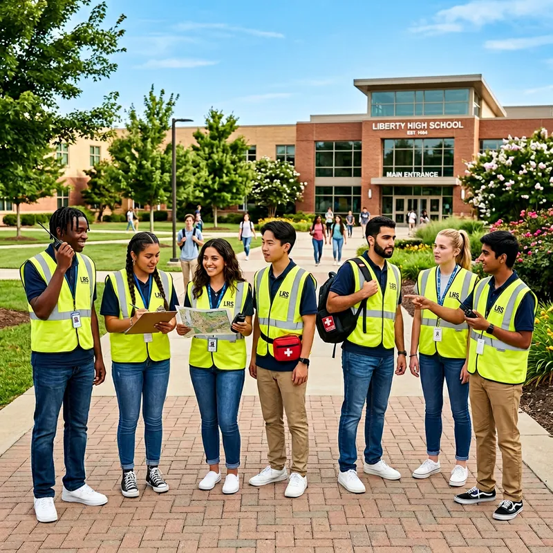 Diverse Group of Seven School Guardians Protecting School Grounds