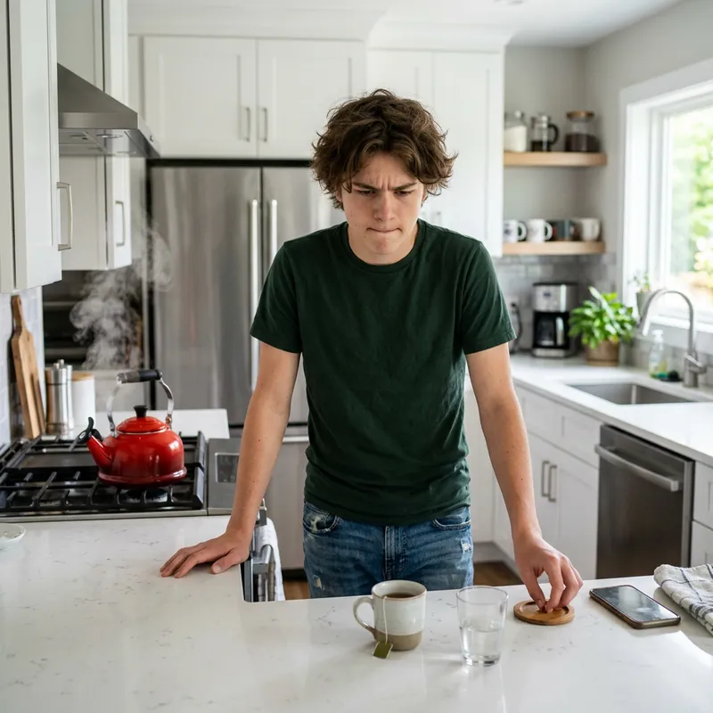 Anxious Teenage Boy in Modern Kitchen | Tense Moment