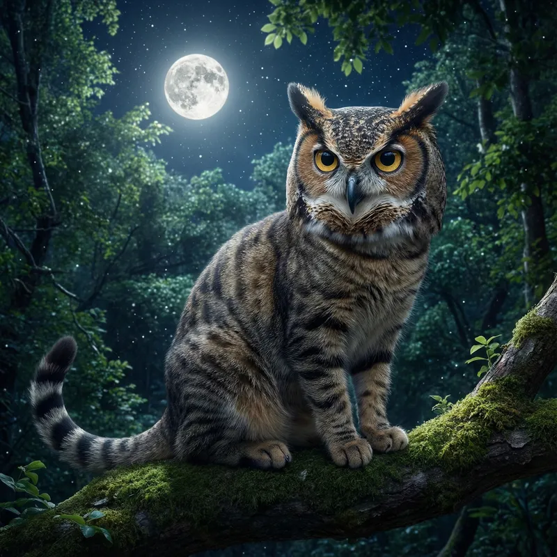 Fantastical Cat-Owl Creature: A Nighttime Wonder