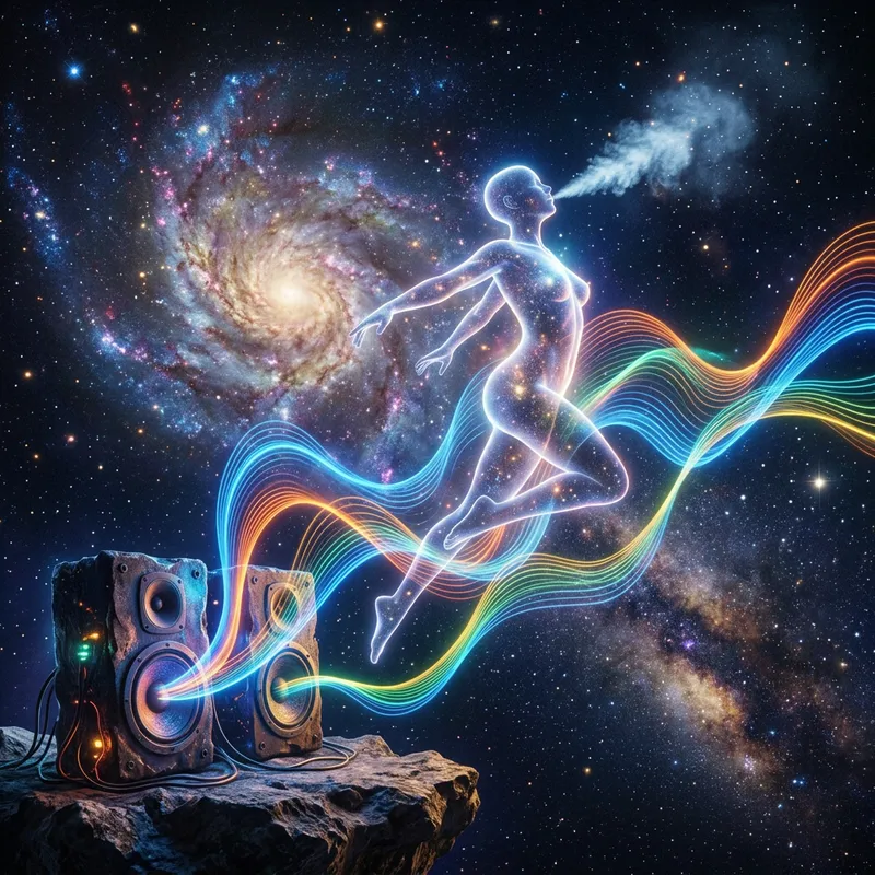 Ethereal Human Body Floating in Cosmic Sound Waves