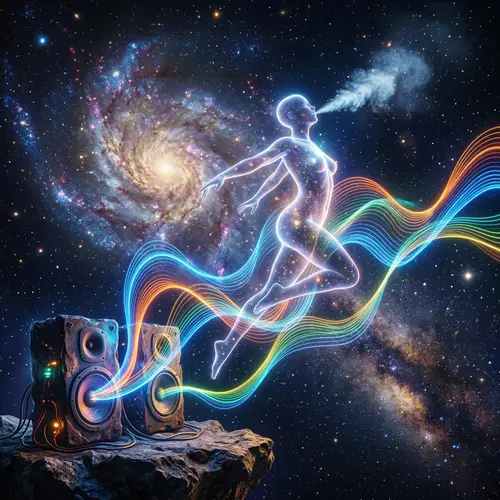 Cosmic Sound Waves: Human Figure Floating in Space