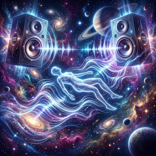 Ethereal Human Floating in Sound Waves Among Celestial Cosmos