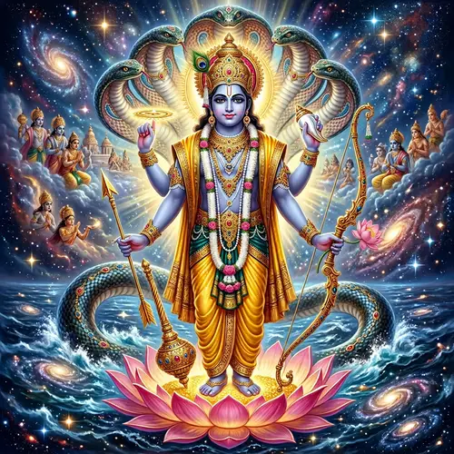 Divine Lord Vishnu: Detailed Full-Body Portrait with Cosmic Majesty