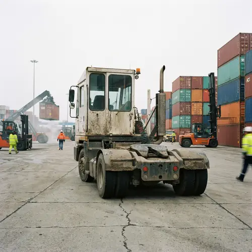 Industrial Truck in Logistics Terminal with Stacked Shipping Containers