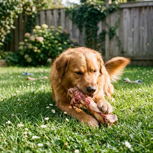 Lively Canine Enjoying Meat Bone in Sunny Backyard