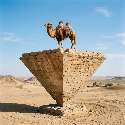 Upside-Down Stone Pyramid with Camel in Serene Desert Landscape