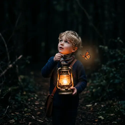 Young Boy with Glowing Lantern and Butterfly in Ethereal Scene