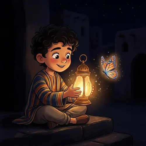 Boy Holding Glowing Lamp with Butterfly - Heartwarming Cartoon Scene
