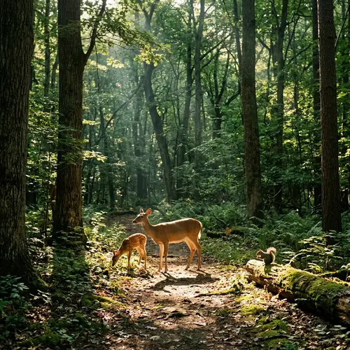 Serene Forest Scene: Sunlight and Shadow Harmony