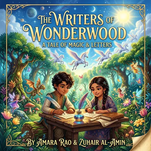 Whimsical Forest Book Cover with Boy and Girl Writing Letters