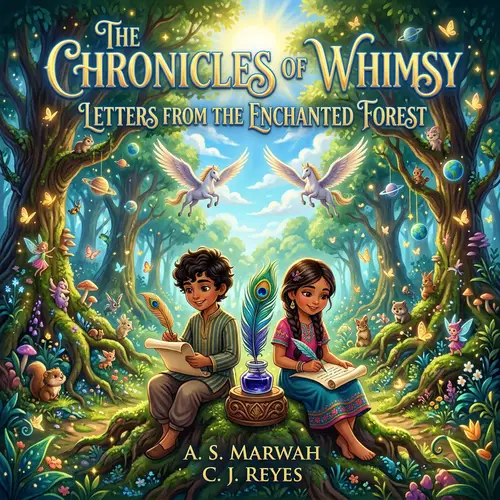 Enchanting Book Cover: Mystical Forest, Children Writing Letters, Magical Creatures