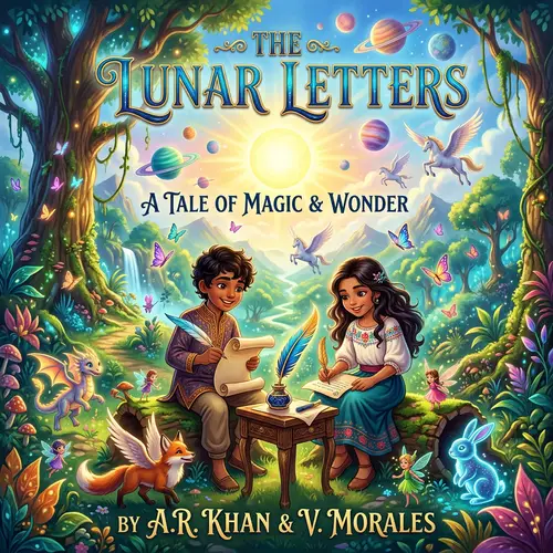 Enchanted Forest Book Cover with Boy and Girl Writing Letters