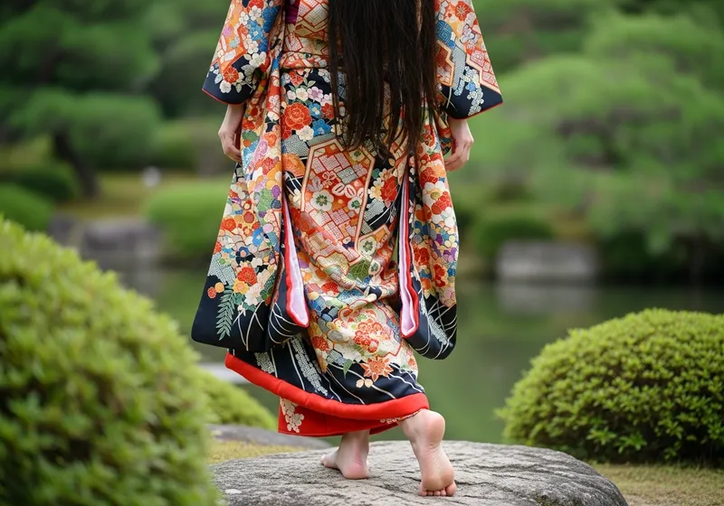 Japanese Woman in Kimono with Bare Feet