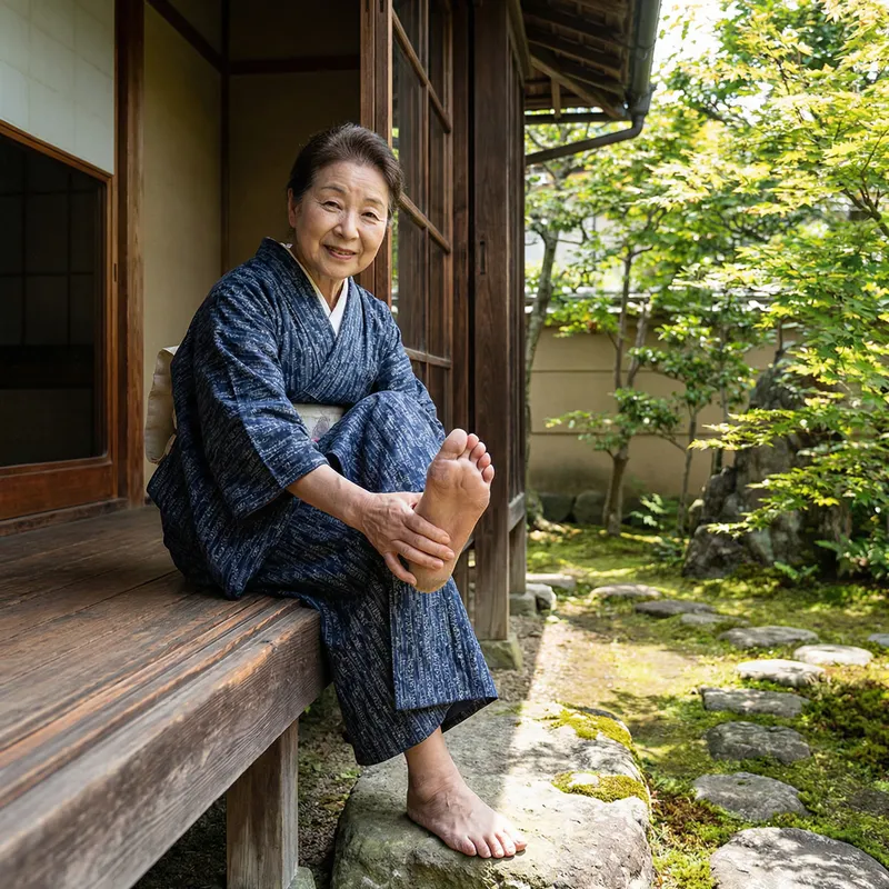 Japanese Woman in Kimono with Bare Feet