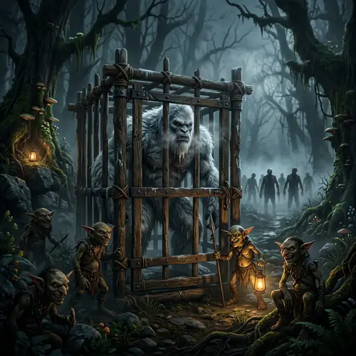 Fantasy World: Captivating Image of Yeti Trapped by Goblins and Looming Zombies