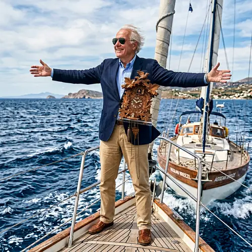 Elderly Man Embracing the Sea on a Sailboat with Cuckoo Clock