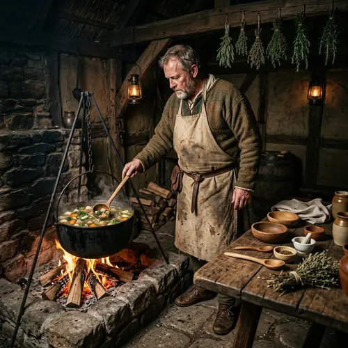 Medieval Soup-Making: Man Preparing Ingredients Over Hearth