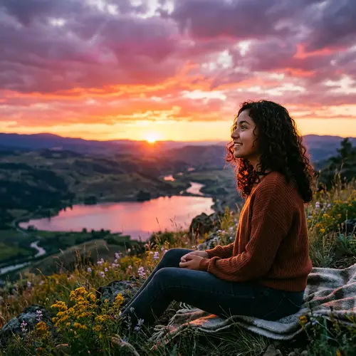 Tranquil Sunset Scene - Hispanic Teenage Girl Watching Sunset