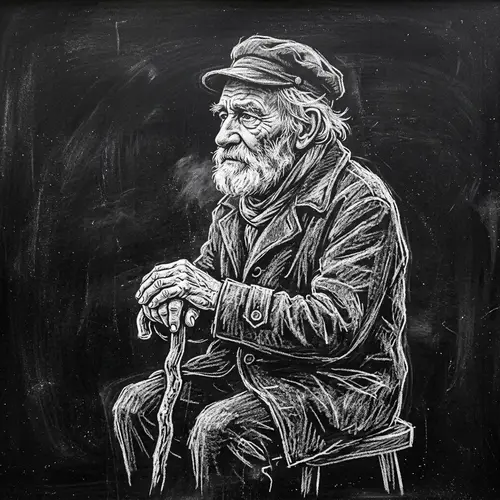 Chalk Drawing of an Old Man on Black Background
