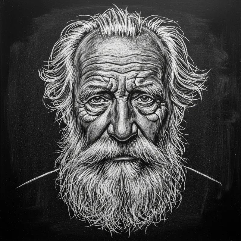 Chalk Drawing of an Old Man on Black Background