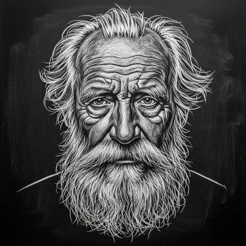 Chalk Drawing of an Old Man on Black Background