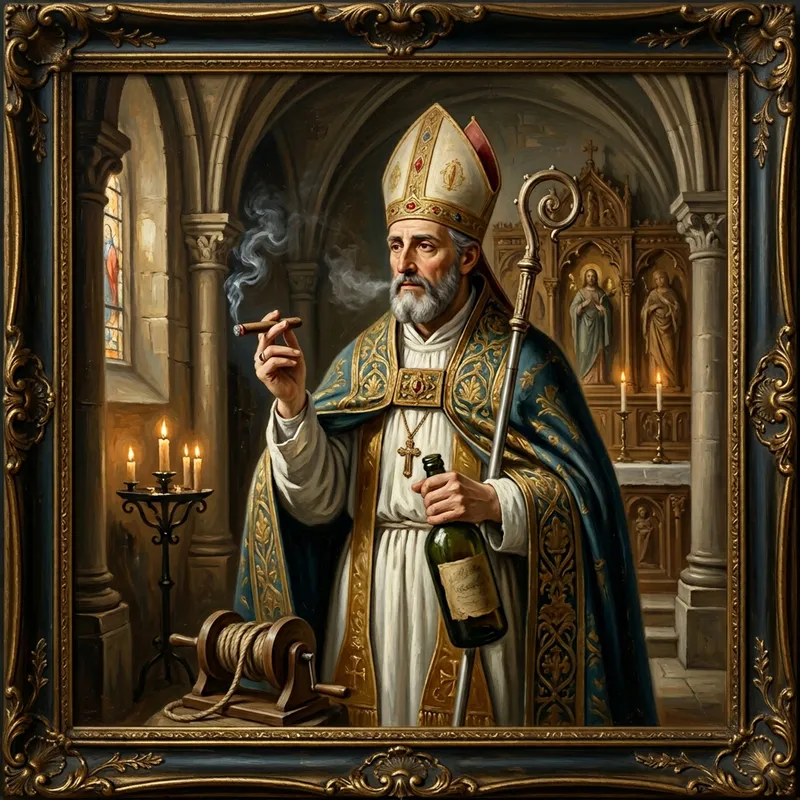 Saint Elmo Artwork with Cigar and Beverage | Religious Icon