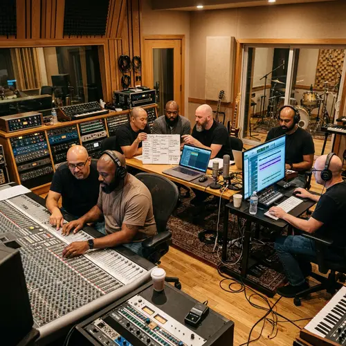 No Hair Men in a Vibrant Music Studio