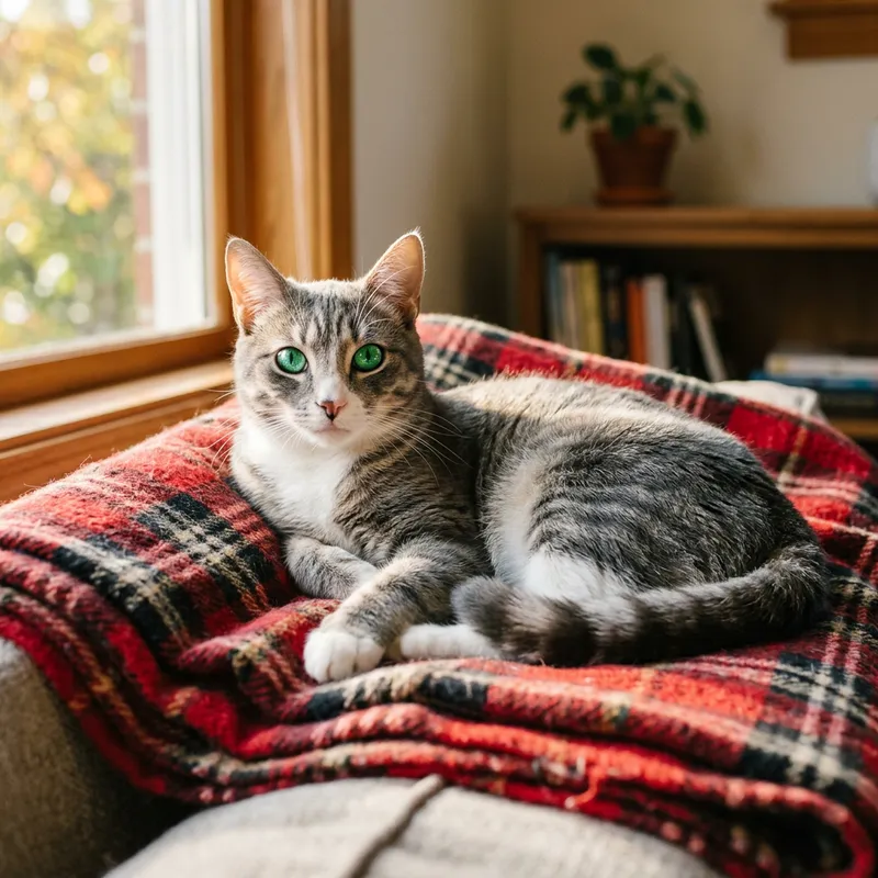 Adorable Gray and White Cat Resting on Plaid Blanket Adorable Gray and White Cat Resting on Plaid Blanket