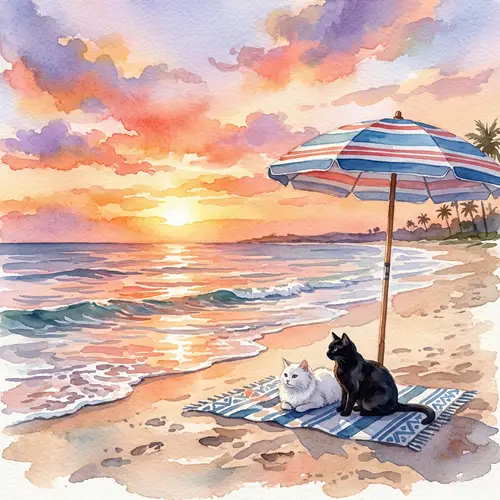 Serene Beach Sunset with Cats - Watercolor Painting
