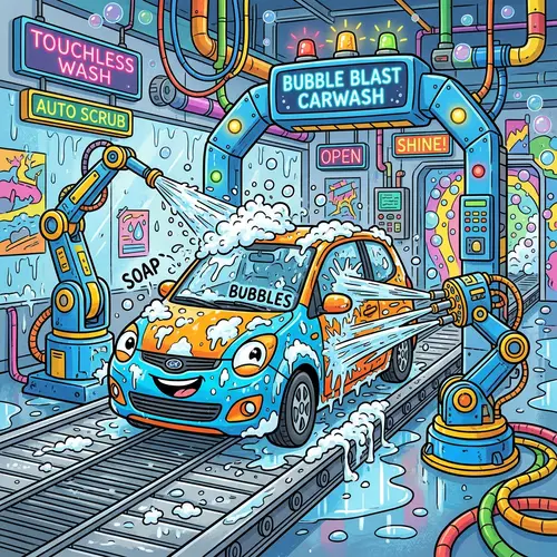 Cartoon Carwash Fun: Touchless Car Wash Experience