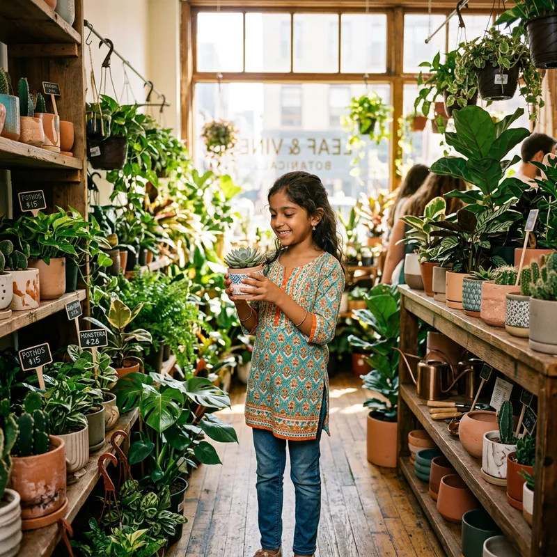 Girl in Vibrant Plant Store | Urban Plant Haven