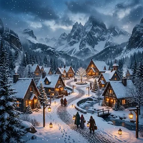 Enchanting Snowy Fantasy Village in Winter Wonderland