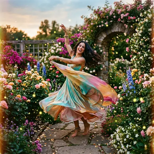 Dreamy Dance of a Woman in a Lush Garden