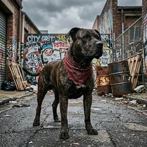 Intimidating Street Canine with Dog Bandana | Urban Backdrop