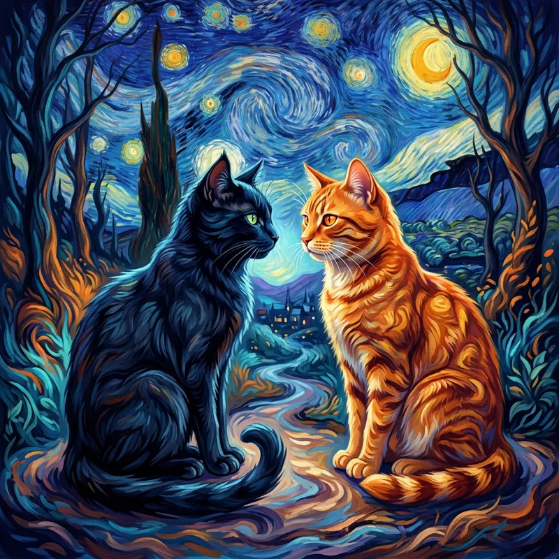 Mystical Nighttime Encounter of Black and Orange Cats Mystical Nighttime Encounter of Black and Orange Cats