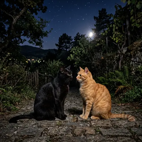 Black and Orange Cats in Nocturnal Landscape