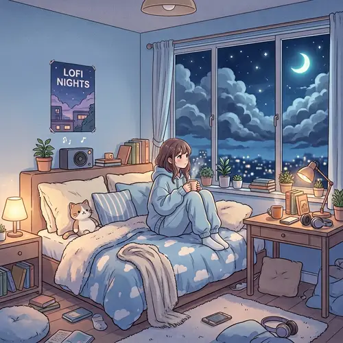 Cozy Pastel Blue Anime Bedroom at Night