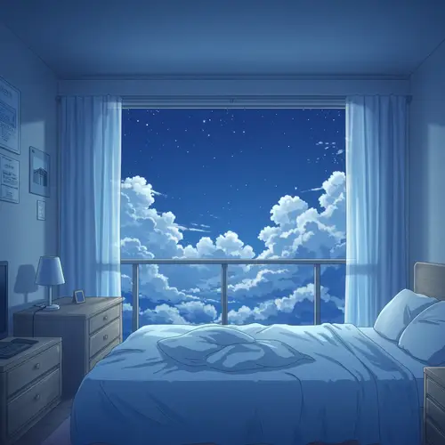 Cozy Pastel Blue Anime Bedroom at Night