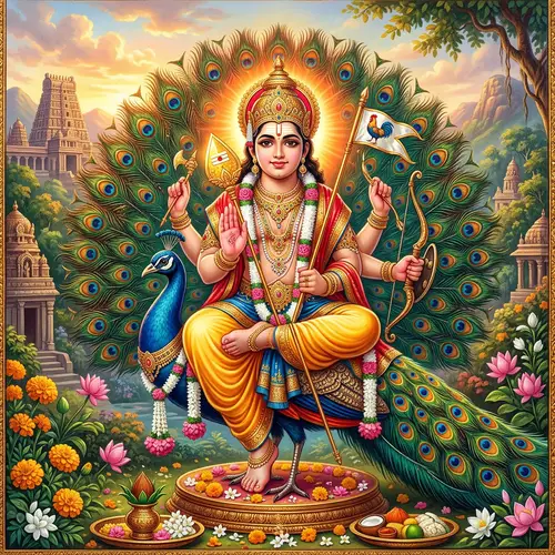 Lord Subramanya Seated on Peacock with Divine Spear | Graceful Image