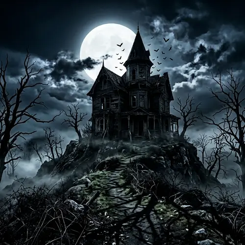 Spooky Haunted House on Hill | Full Moon Silhouette