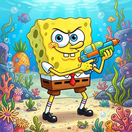 Playful Sea Sponge in Goofy Outfit with Water Gun