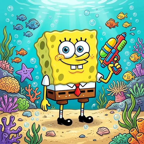 Funny Sponge Character with Water Gun on Sandy Seabed