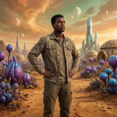 Confident Young Black Man: Guide and Provider on Alien Planet